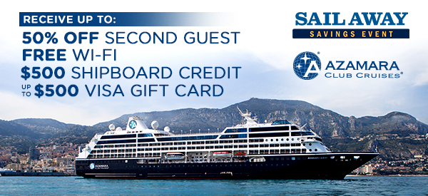 Receive up to 50% Off Second Guest, Free Wi-Fi, $500 Shipboard Credit and up to a $500 Visa Gift Card 